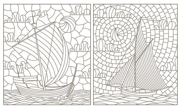 Ένα σύνολο απεικονίσεων περίγραμμα από βιτρό παράθυρα με παλιά ιστιοφόρα πλοία, σκούρο περίγραμμα σε λευκό φόντο, ορθογώνιες εικόνες - Διάνυσμα, εικόνα