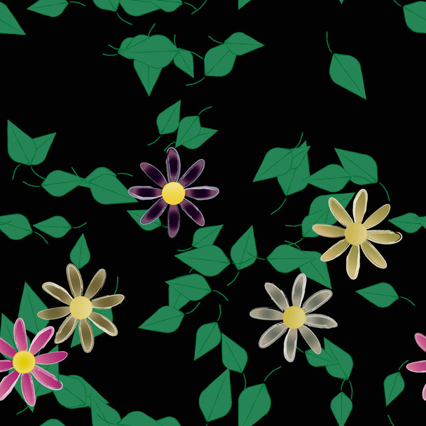 abstract flowers with green leaves seamless pattern, vector illustration - Vektör, Görsel