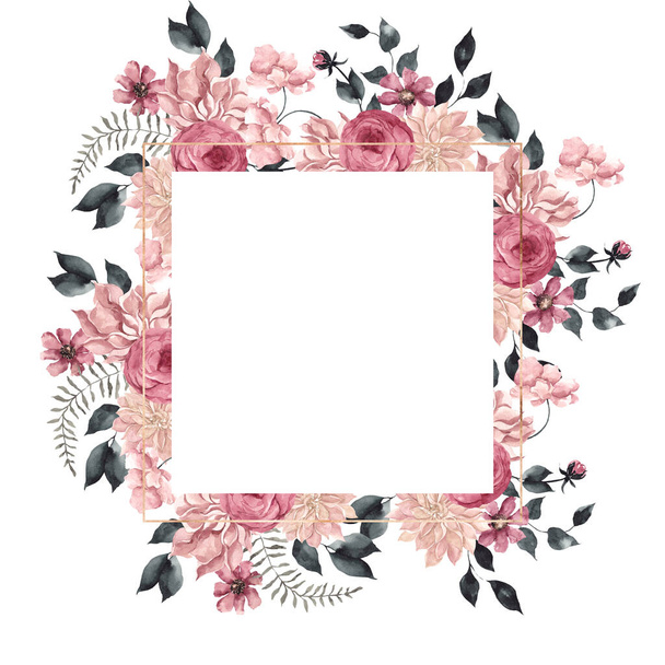 Watercolor frame with elegant flowers, leaves and abstract graphic shape, isolated on white background - Valokuva, kuva