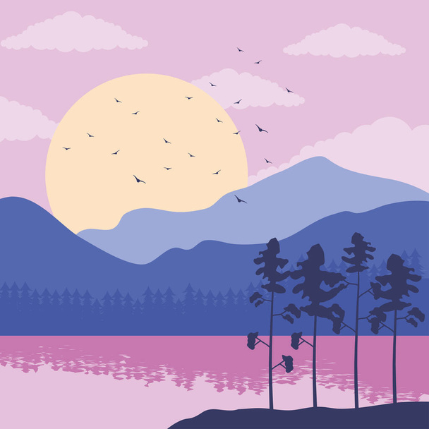 piękna scena krajobraz z fioletowym jeziorem - Wektor, obraz