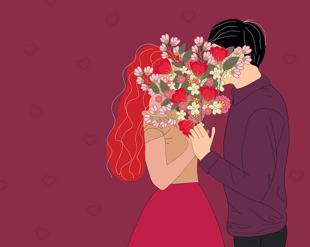 biglietto di San Valentino con felice coppia uomo dando alla sua donna un mazzo di fiori. Illustrazione vettoriale - Vettoriali, immagini