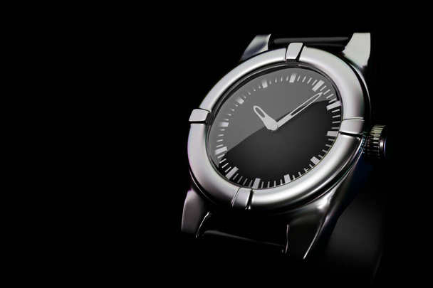 Круглые металлические наручные часы на темном фоне с местом для текста. Макет для размещения информации и использования в рекламе, классические современные часы, изолированные на черном, 3D рендеринг - Фото, изображение