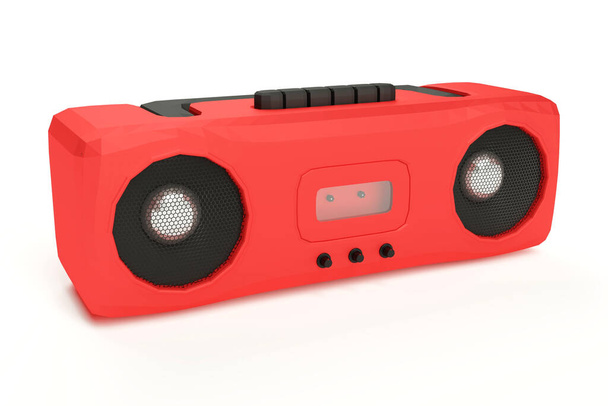Реєстратор звукової стрічки з червоною пластиковою музикою низький полістирольний стиль ізольований на білому тлі, 3D рендеринг
 - Фото, зображення