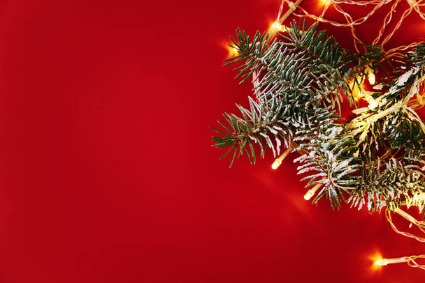 Χριστουγεννιάτικη σύνθεση με κλαδιά χριστουγεννιάτικου δέντρου και γιρλάντα φώτα σε κόκκινο φόντο, κορυφαία άποψη. Αντιγραφή χώρου - Φωτογραφία, εικόνα