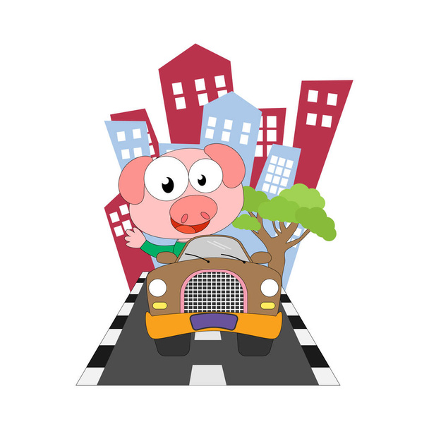 bonito porco passeio um carro, simples vetor ilustração - Vetor, Imagem