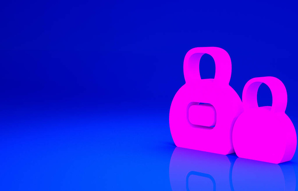 Icono de Kettlebell rosa aislado sobre fondo azul. Equipamiento deportivo. Concepto minimalista. 3D ilustración 3D render. - Foto, Imagen