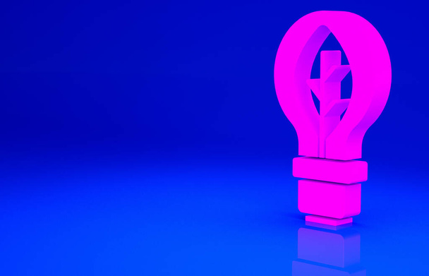 Pink Light bulb with leaf icon isolated on blue background. Eco energy concept. Alternative energy concept. Minimalism concept. 3d illustration 3D render. - Photo, Image
