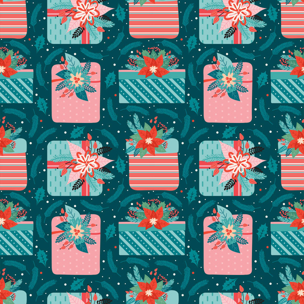 Merry Christmas and happy new year seamless pattern. Festive background with gifts ornate decorated floral elements, coniferous branches, red berry, Holly leaves. Vector illustration in vintage style. - Вектор, зображення