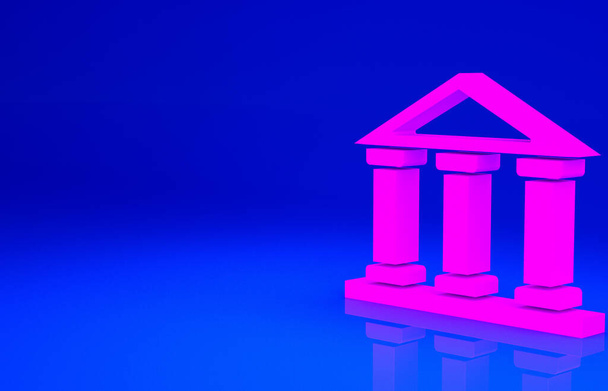 Rózsaszín bíróság épület ikon elszigetelt kék alapon. Építési bank vagy múzeum. Minimalizmus koncepció. 3d illusztráció 3D render. - Fotó, kép