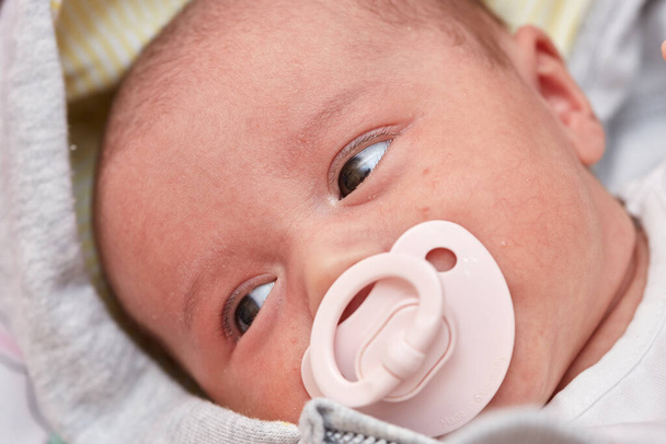 Bebek emziği bir aylık bir bebeğin ağzında. Kapat. düşük odak derinliği, seçici odak. - Fotoğraf, Görsel