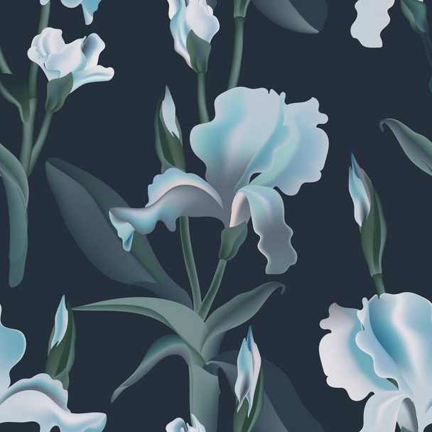 Irises flower seamless pattern dark blue backgroud. Vector illustration watercolor drawn. Interior wallpaper print. - Wektor, obraz