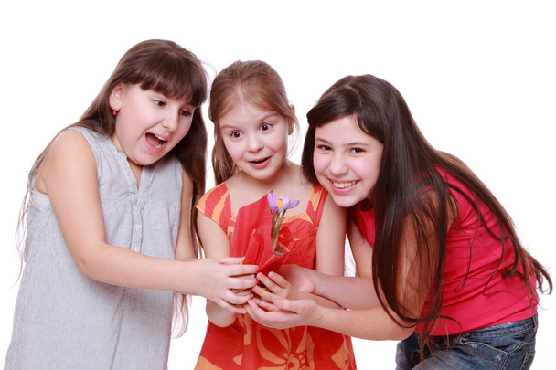 Girls holding spring flower in pot - Valokuva, kuva