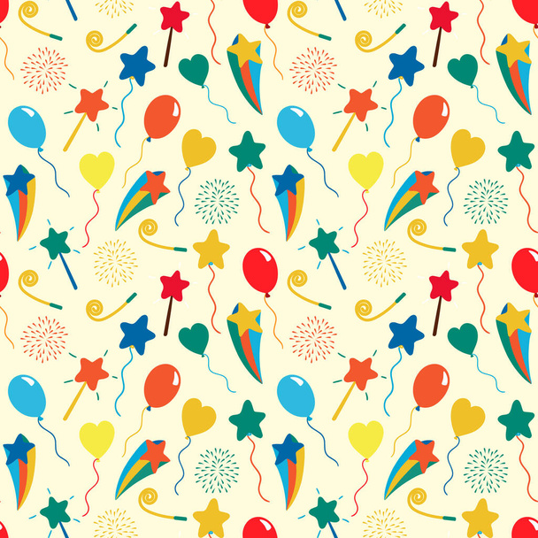 Celebratory seamless pattern with gifts, swirls, confetti, stars. Vector background. - Vector, Imagen