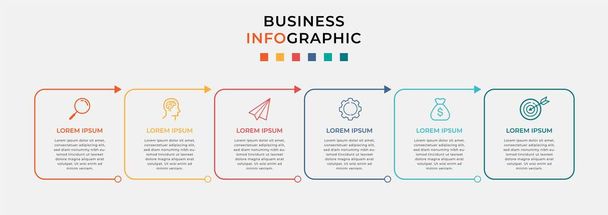 Business Infographic design template Vector avec des icônes et 6 six options ou étapes. Peut être utilisé pour le diagramme de processus, les présentations, la mise en page du flux de travail, la bannière, l'organigramme, le graphique d'information - Vecteur, image