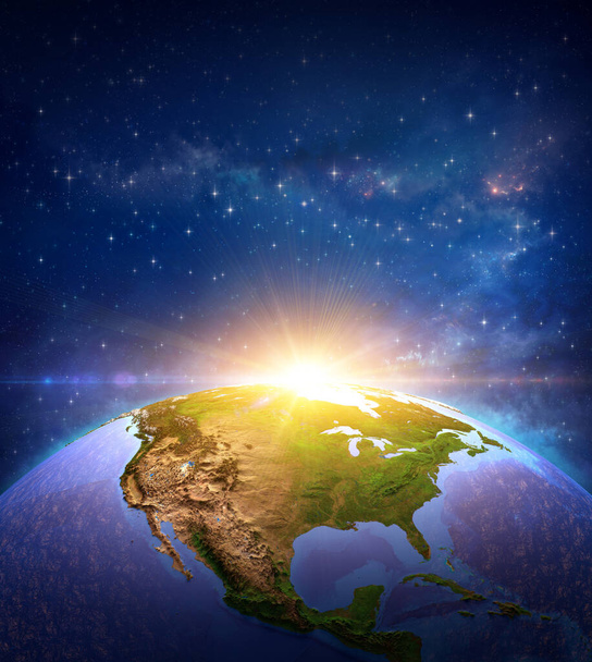 Surface of Planet Earth, space view of the World focused on The United States of America USA. Sol saliendo en el horizonte, cúmulo de estrellas y nebulosa brillando muy atrás. Ilustración 3D - Elementos de esta imagen proporcionados por la NASA - Foto, Imagen