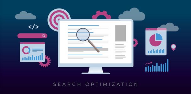 Search Optimization, SEO concept. A desktop pc with an open search page result (Serp) with sites seo ranked by relevance. Around charts and graphs icons. Flat vector illustration for horizontal web banner - Vector, Image