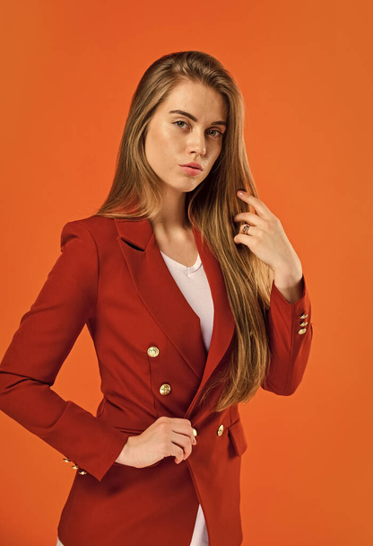 Woman long hair wear oversized longline blazer, office dress code concept - Photo, image