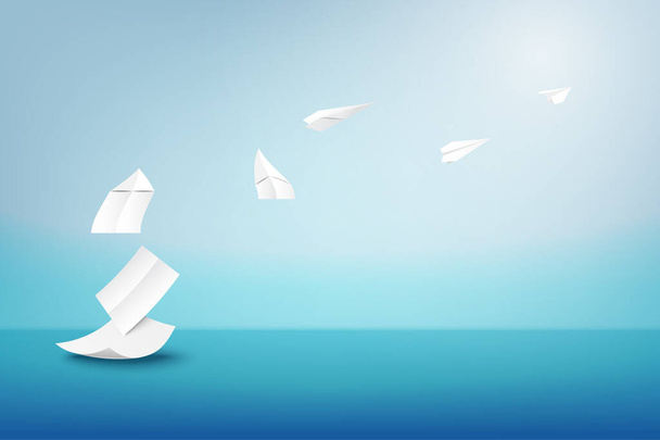Arte de papel creativo con avión de papel de origami blanco. Arte de papel de la imaginación para la educación, la idea y el concepto de negocio. - Vector, imagen