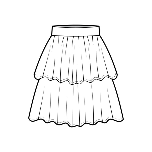 Falda en capas volante técnica ilustración de moda con silueta de longitud de rodilla, plenitud circular. Fondo plano - Vector, imagen