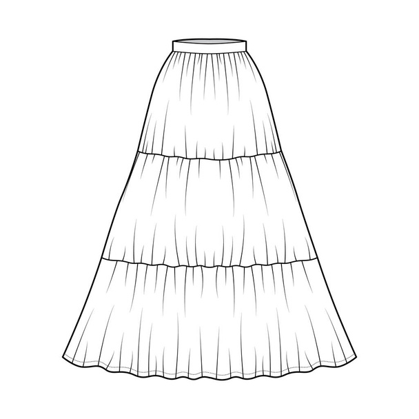 Jupe gitane dirndl illustration de mode technique avec maxi silhouette de longueur de plancher, plénitude circulaire. Fond plat  - Vecteur, image