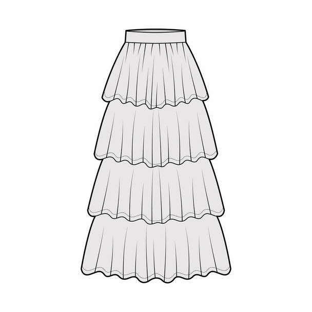 Saia 4 camadas flounce maxi ilustração de moda técnica com comprimento do tornozelo silhueta chão, plenitude circular. Plano - Vetor, Imagem