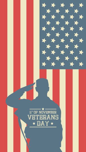 happy veterans day celebration card with soldier saludating in usa flag - Vector, Image