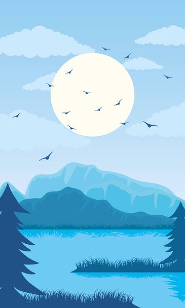 beautiful landscape blue color scene with lake and birds - Vector, Image