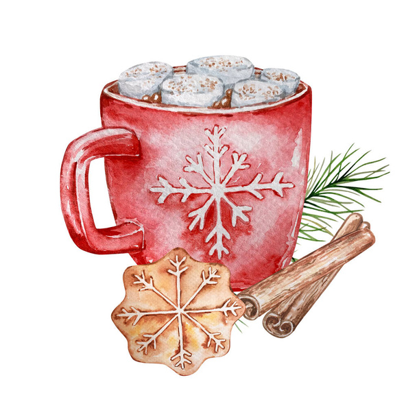 Akwarelowe ilustracje gorącej czekolady z piankami w czerwonym kubku ze wzorem płatków śniegu, z bożonarodzeniowym piernikiem i cynamonem, izolowane w białe, świąteczne, hygge i zimowe wakacje - Wektor, obraz