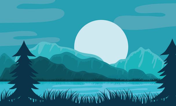 piękny krajobraz niebieski kolor sceny z jeziorem i słońcem - Wektor, obraz