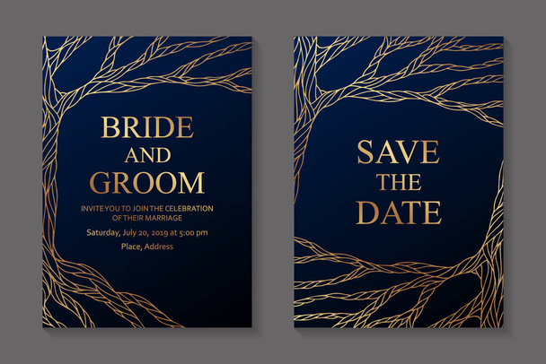 Bloemen bruiloft uitnodiging ontwerp of wenskaart sjablonen met gouden bomen op een donkerblauwe achtergrond. - Vector, afbeelding