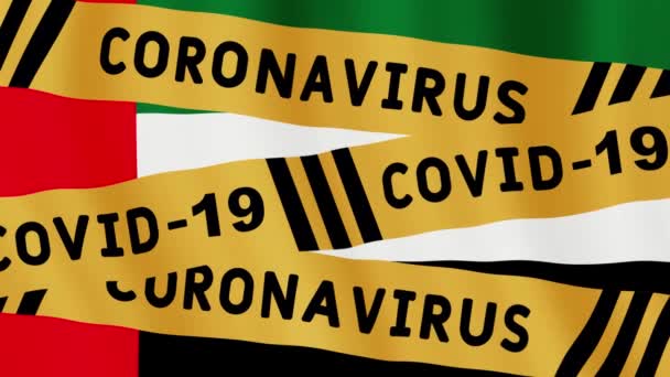 Animated concept caution quarantine. warning tape over United Arab Emirates flag. Covid-19 Virus tape. Isolation attention animated motion graphic concept video.  Corona virus pandemic information. - Footage, Video
