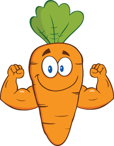 Lindo personaje de dibujos animados de zanahoria mostrando brazos musculares
 - Foto, imagen