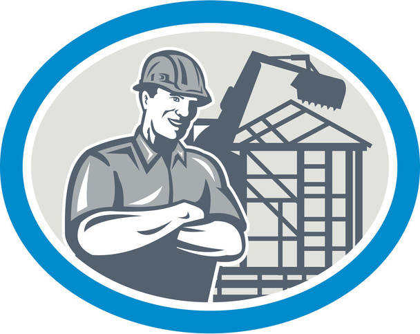 Constructor Obrero de la construcción excavadora mecánica oval
 - Vector, imagen