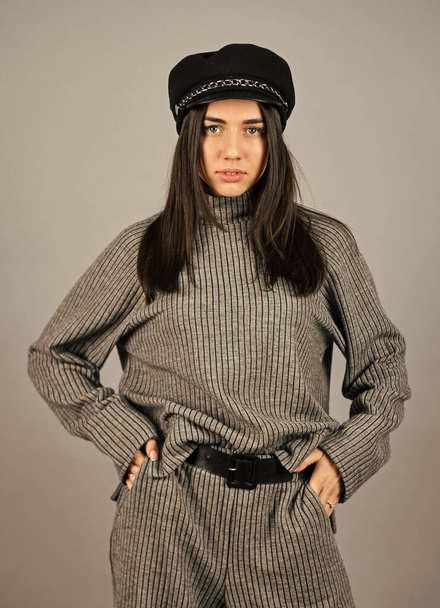 Designed for your comfort. Warm comfortable clothes. Casual style for every day. Fashionable knitwear. Knitwear concept. Feel comfortable. Woman wear grey suit blouse and pants. Shop Your Style - 写真・画像