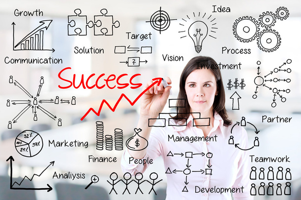 Young business woman writing success by many process. Office background. - Фото, изображение