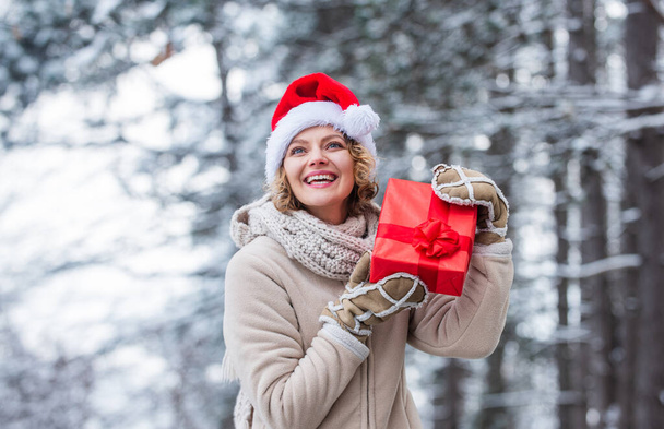 Nature covered snow. Winter outfit. New year. Merry christmas. Boxing day. Girl celebrate Christmas. Winter holidays concept. Winter gift. Woman warm clothes snowy forest. December atmosphere - Valokuva, kuva