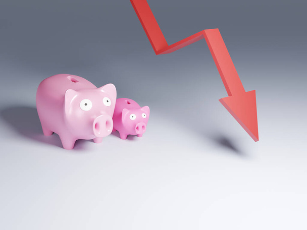 Shocked Pink Piggy Bank Family With Empty Space.  Lose Money. Money Savings Going Down. 3D rendering - Photo, Image