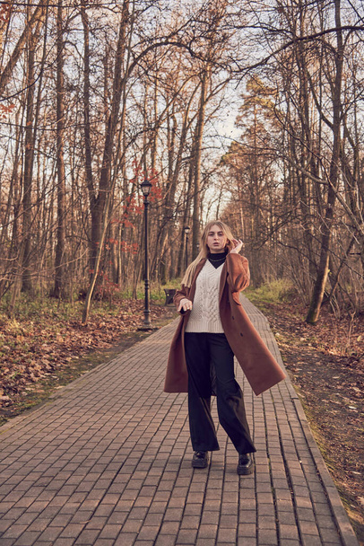 A blonde girl in a brown coat walks along an alley in an autumn Park. - Fotó, kép