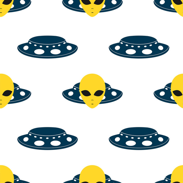 Extraterrestrial Alien Face or Head and UFO Flying Saucer Symbol Flat Vector Icon seamless pattern on white background. Vector illustration - Vector, imagen
