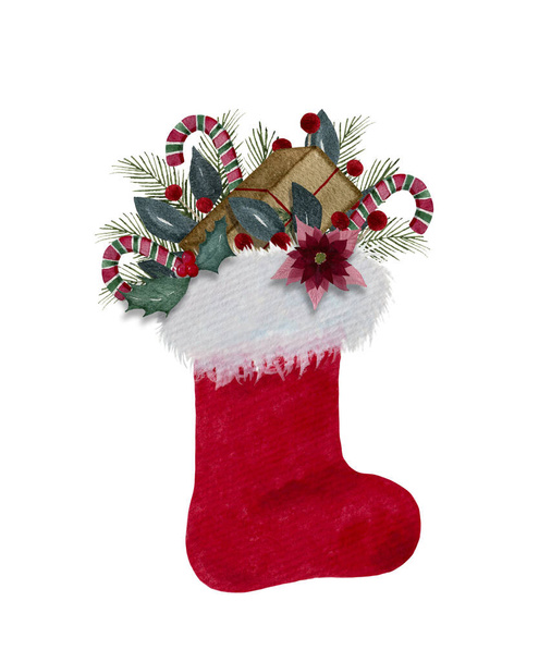 Calza di Natale con regali, acquerello decorazione di Natale con stivale rosso di Babbo Natale e regali di Natale isolati su bianco, rosso disegno del fumetto di Santa scarpa - Foto, immagini