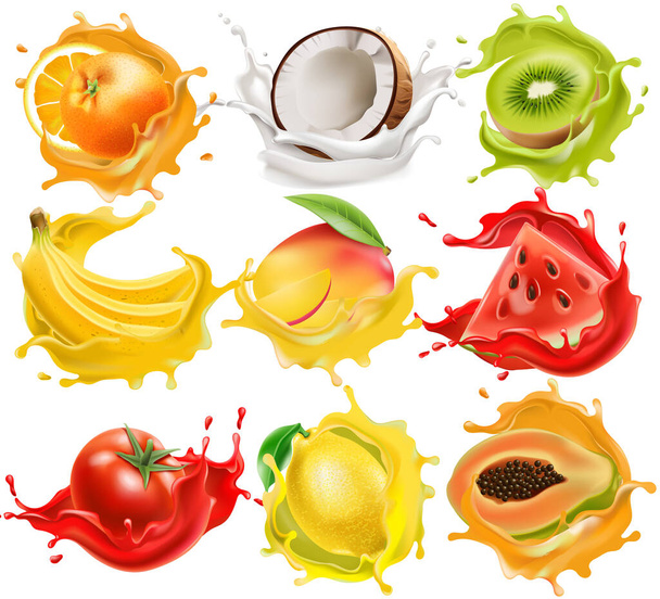 Set of tropical fruits and vegetables splashing in juice, orange, coconut, kiwi, banana, mango, watermelon, tomato, lemon, and papaya. Realistic 3D mockup product placement - Διάνυσμα, εικόνα