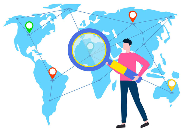 World Map and Man with Magnifying Glass Research - Vector, Imagen