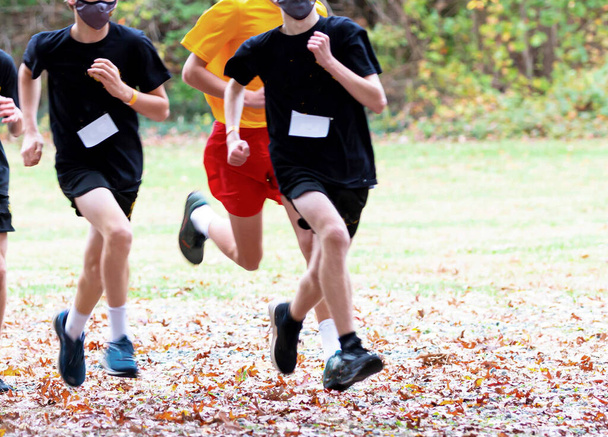 Garçons portant un masque facial lors d'une course de cross-country sur un terrain couvert de feuilles pendant la pandémie de coronavirus COVID-19. - Photo, image