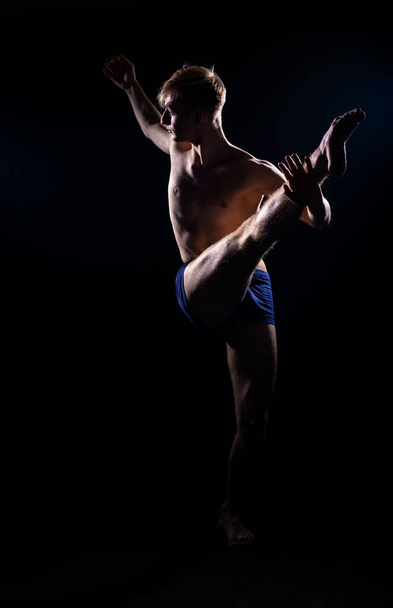 Współczesny pół nagi artysta tańca praktykujący rutynę tańca - Zdjęcie, obraz