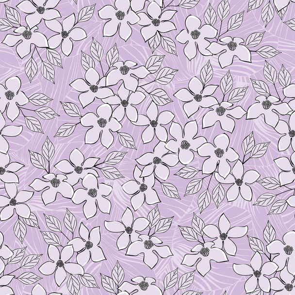 Vector Bloemen in Pastel Roze Zwart Verspreid over roze achtergrond Naadloze herhaling patroon. Achtergrond voor textiel, kaarten, fabricage, wallpapers, bedrukking, cadeaupapier en scrapbooking. - Vector, afbeelding