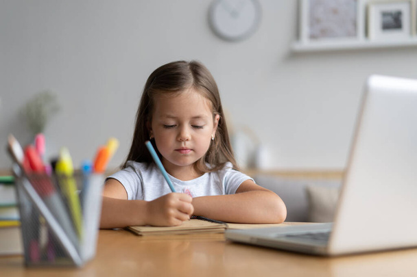 Портрет щасливого маленького учня, який вчиться вдома. Смарт-дівчинка школярка дивиться на камеру, вивчає дистанційно онлайн
 - Фото, зображення
