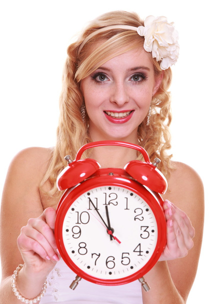 Wedding concept. Time to get married. Bride with clock. - Photo, Image