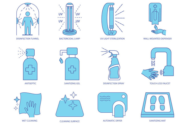 Disinfection icons. Cleaning and sanitizer surface, spray bottle, wash hand gel, UV lamp, sanitizing mat, Touchless faucet and dispenser, disinfection tunnel, dryer, antiseptic. Vector illustration - Vector, Image
