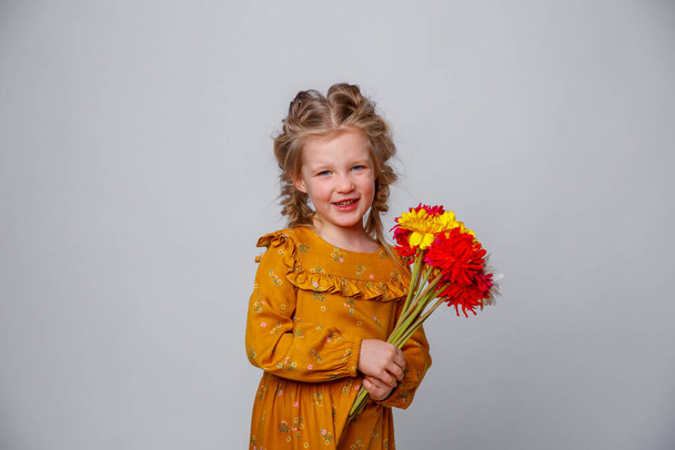 muotokuva söpö tyttö pidä kimppu kevään kukkia valkoisella taustalla  - Valokuva, kuva