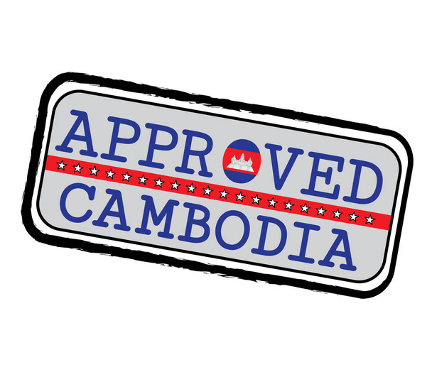 Timbro vettoriale del logo approvato con bandiera cambogiana a forma di O e testo Cambogia. Grunge Timbro di struttura in gomma di approvato da Cambogia. - Vettoriali, immagini